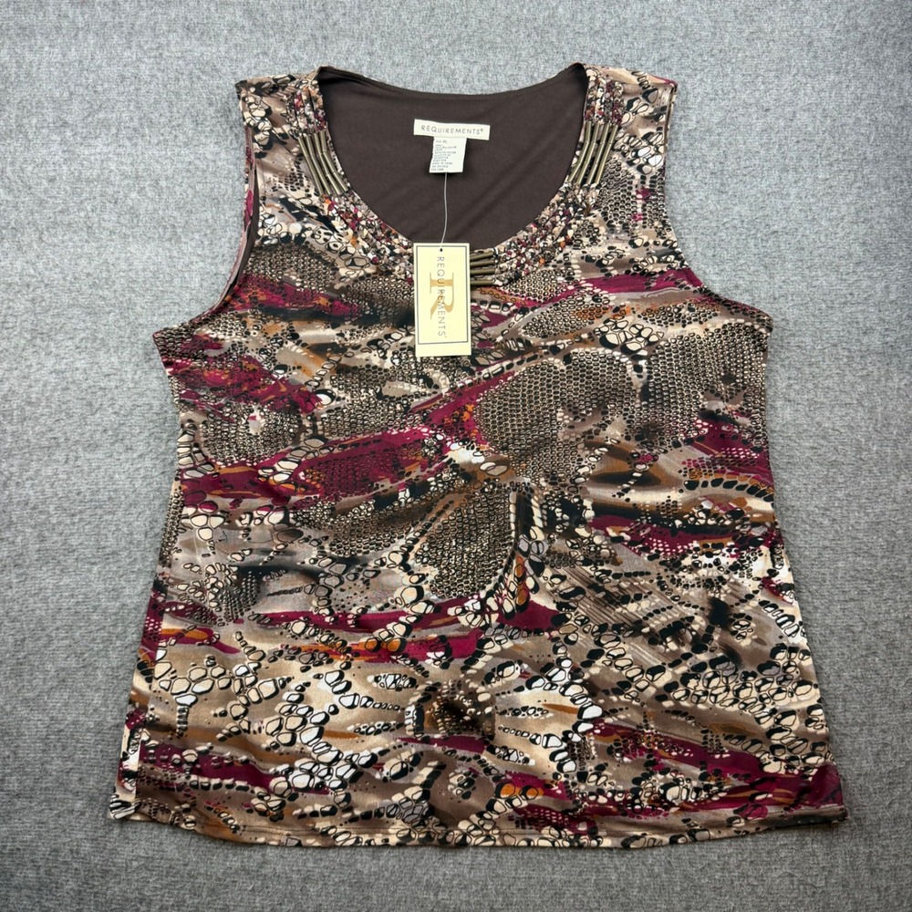Requirements Sleeveless Top Women's XL Brown Abstract Pebble Print Braided‎ Neck